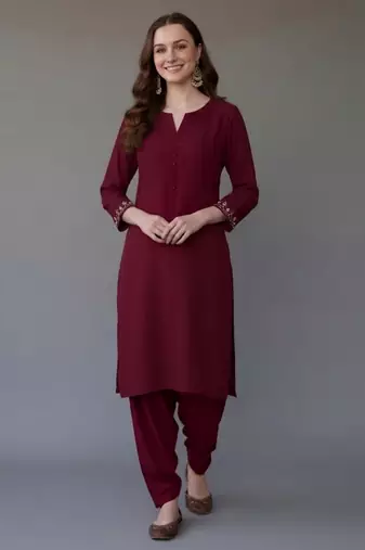 Maroon embroidered rayon kurta set