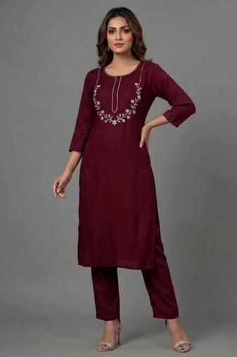 Maroon embroidered rayon kurta set
