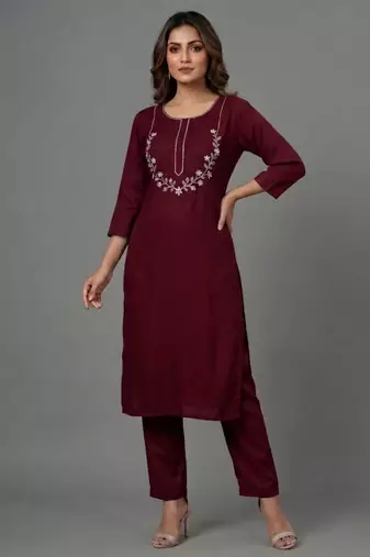 Maroon embroidered rayon kurta set