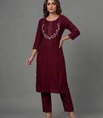 Maroon embroidered rayon kurta set