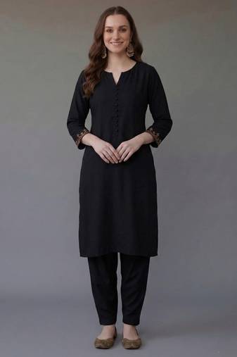 Black embroidered rayon kurta set