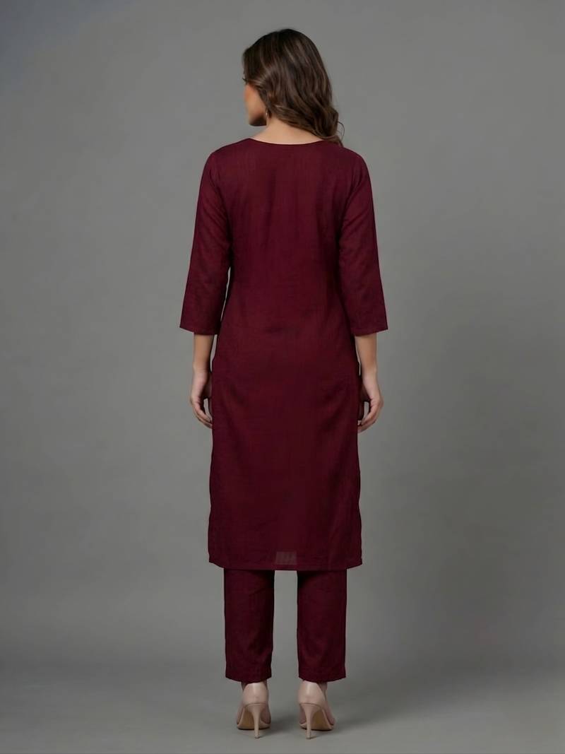 Maroon embroidered rayon kurta set