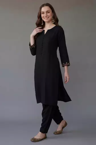Black embroidered rayon kurta set