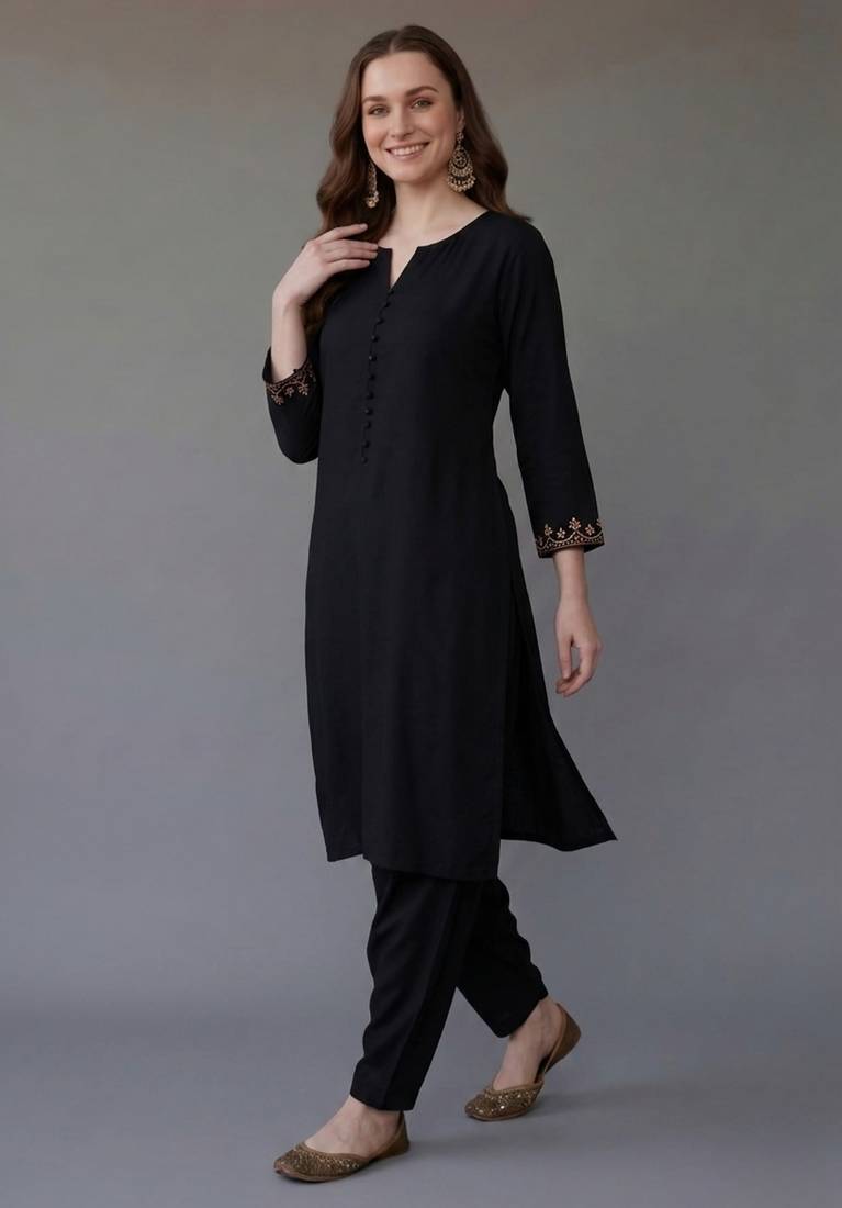 Black embroidered rayon kurta set