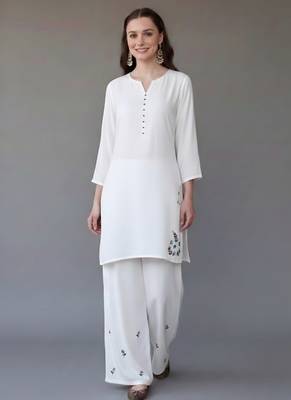 White embroidered rayon kurta set 1