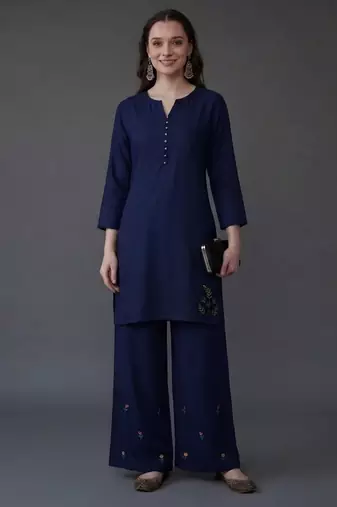 Blue embroidered rayon kurta set
