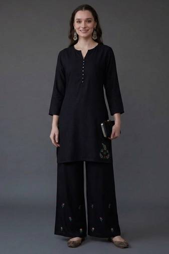 Black embroidered rayon kurta set