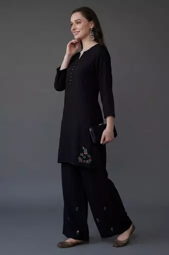 Black embroidered rayon kurta set