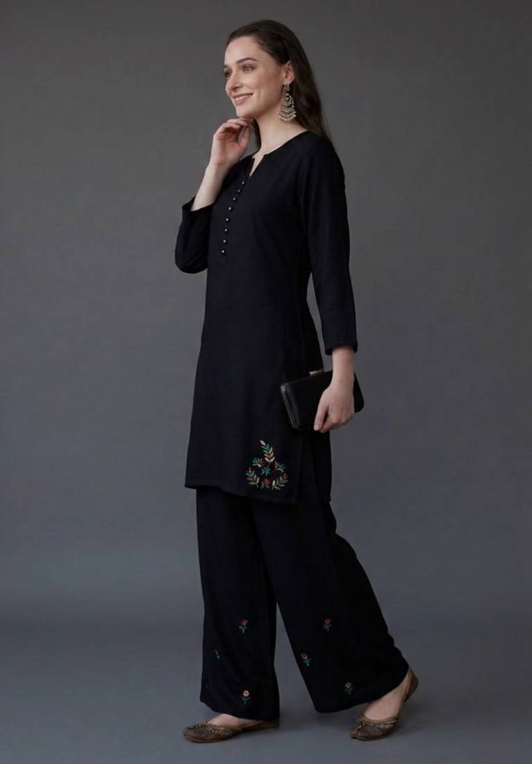 Black embroidered rayon kurta set