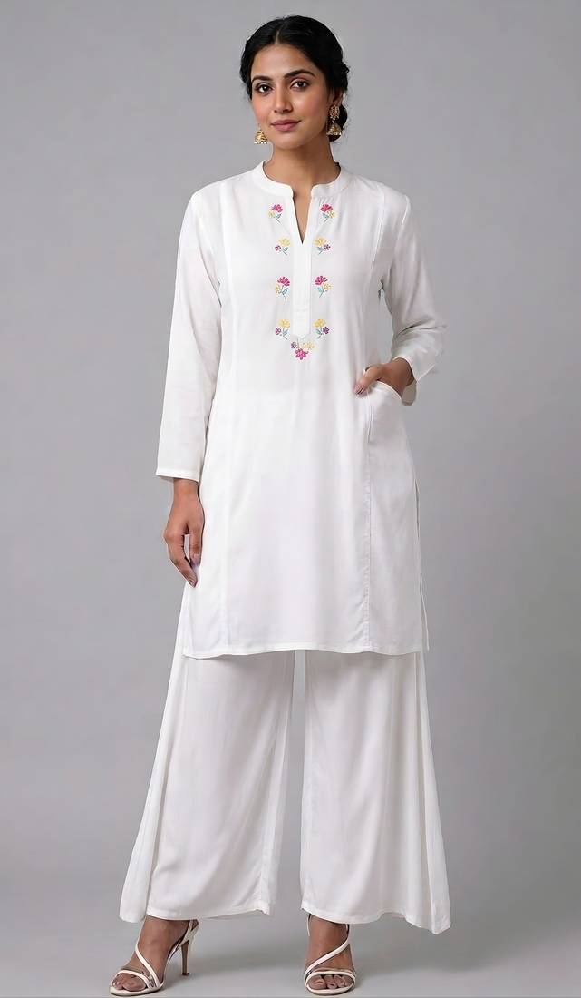 White embroidered rayon kurta set