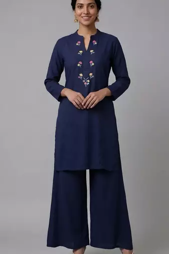 Blue embroidered rayon kurta set