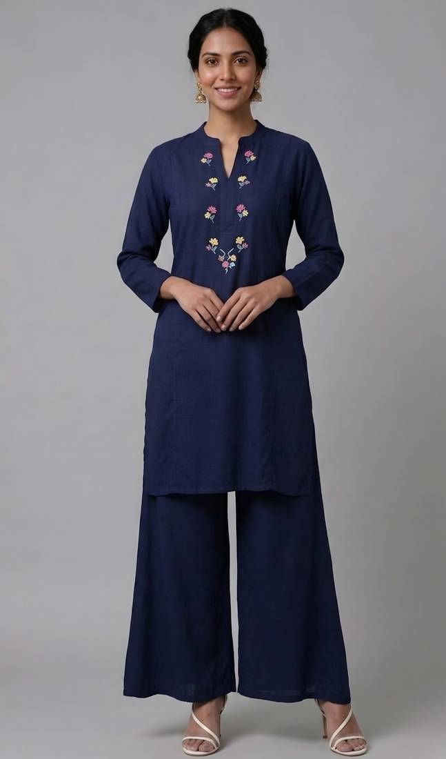 Blue embroidered rayon kurta set