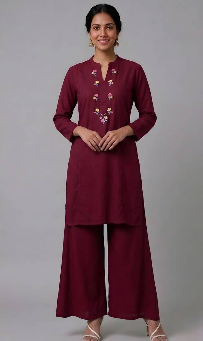 Maroon embroidered rayon kurta set