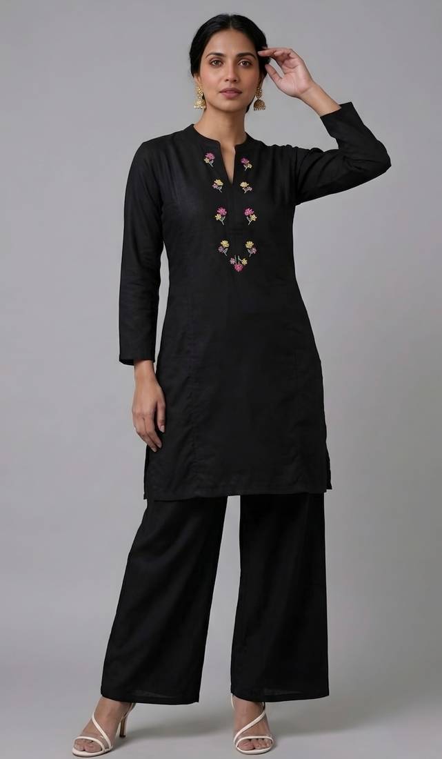 Black embroidered rayon kurta set
