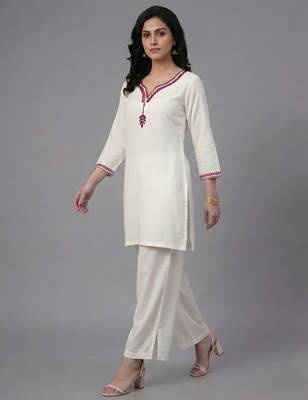 White embroidered rayon kurta set 3