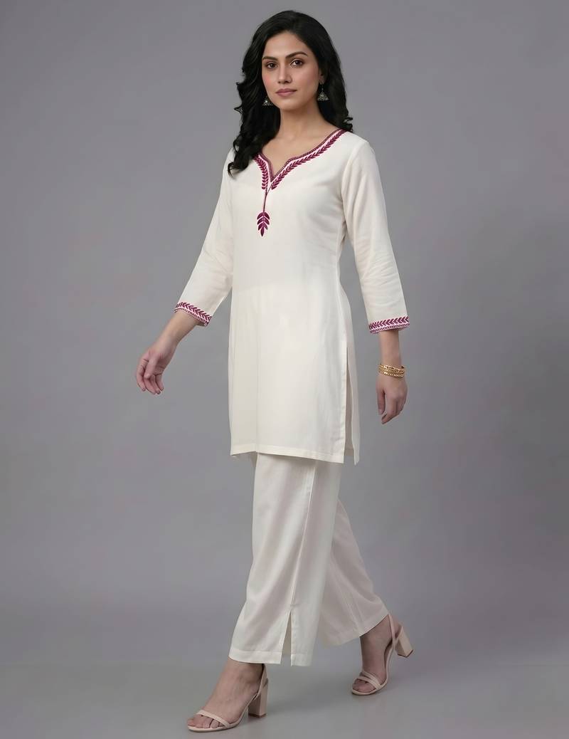 White embroidered rayon kurta set