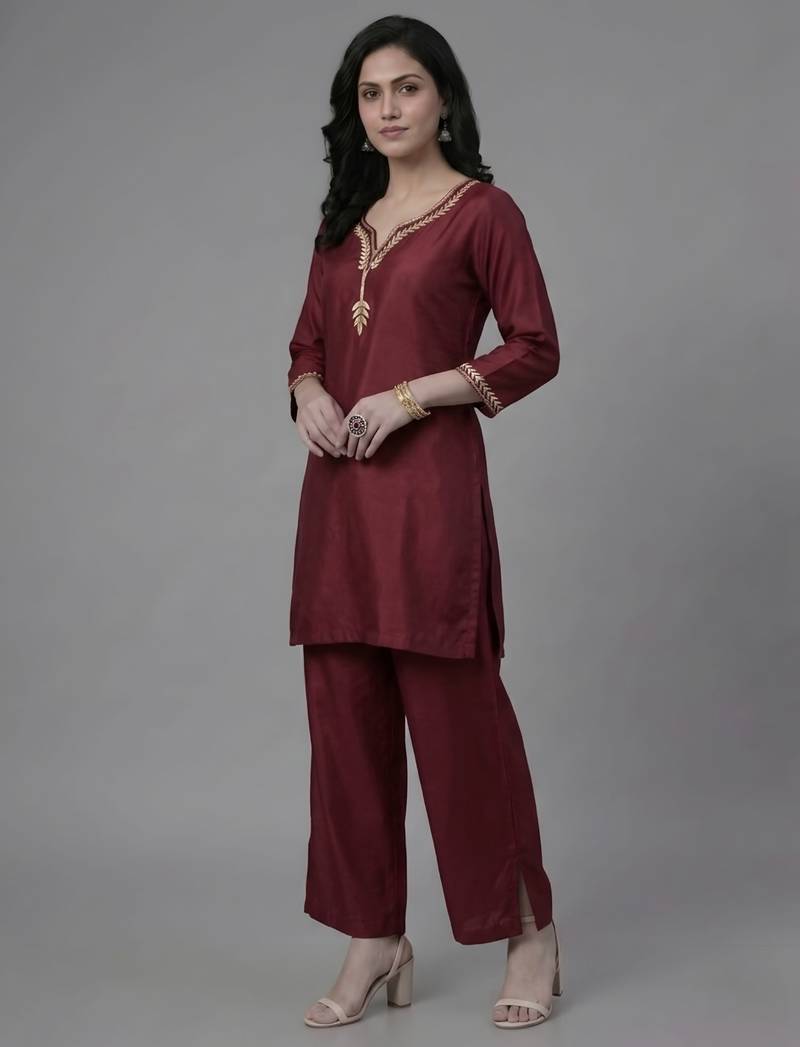 Maroon embroidered rayon kurta set