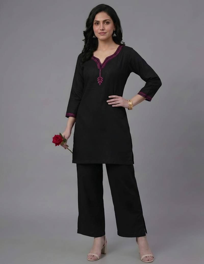 Black embroidered rayon kurta set
