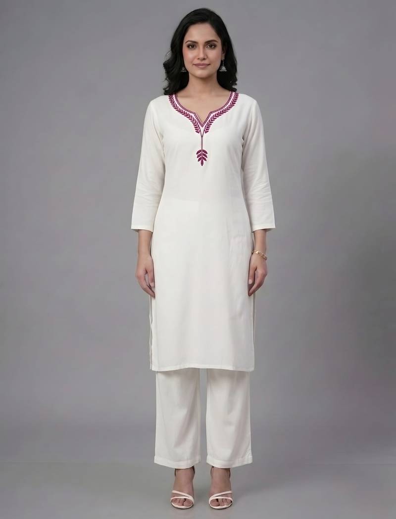 White embroidered rayon kurta set