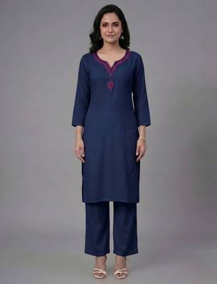 Blue embroidered rayon kurta set 3