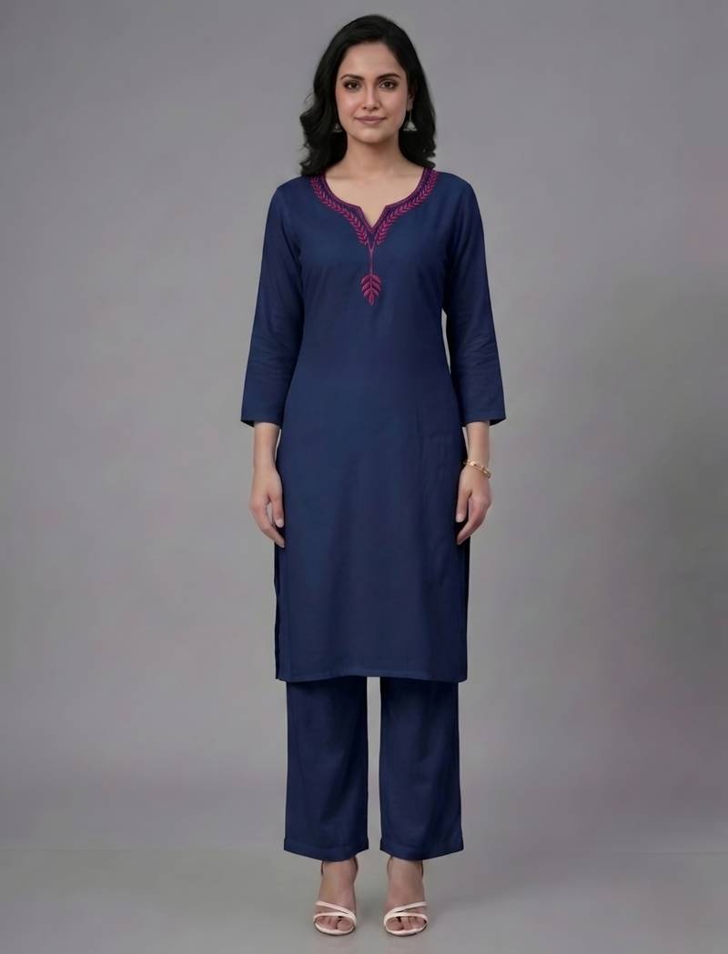 Blue embroidered rayon kurta set