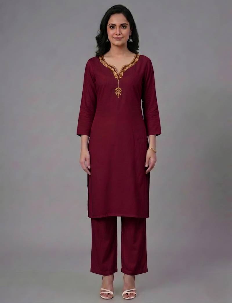 Maroon embroidered rayon kurta set