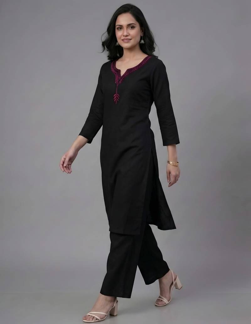 Black embroidered rayon kurta set