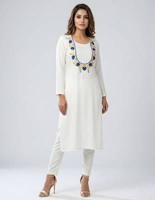 White embroidered rayon kurta set 3