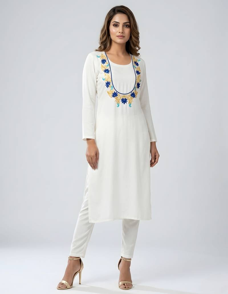 White embroidered rayon kurta set