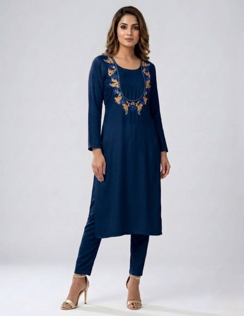 Blue embroidered rayon kurta set