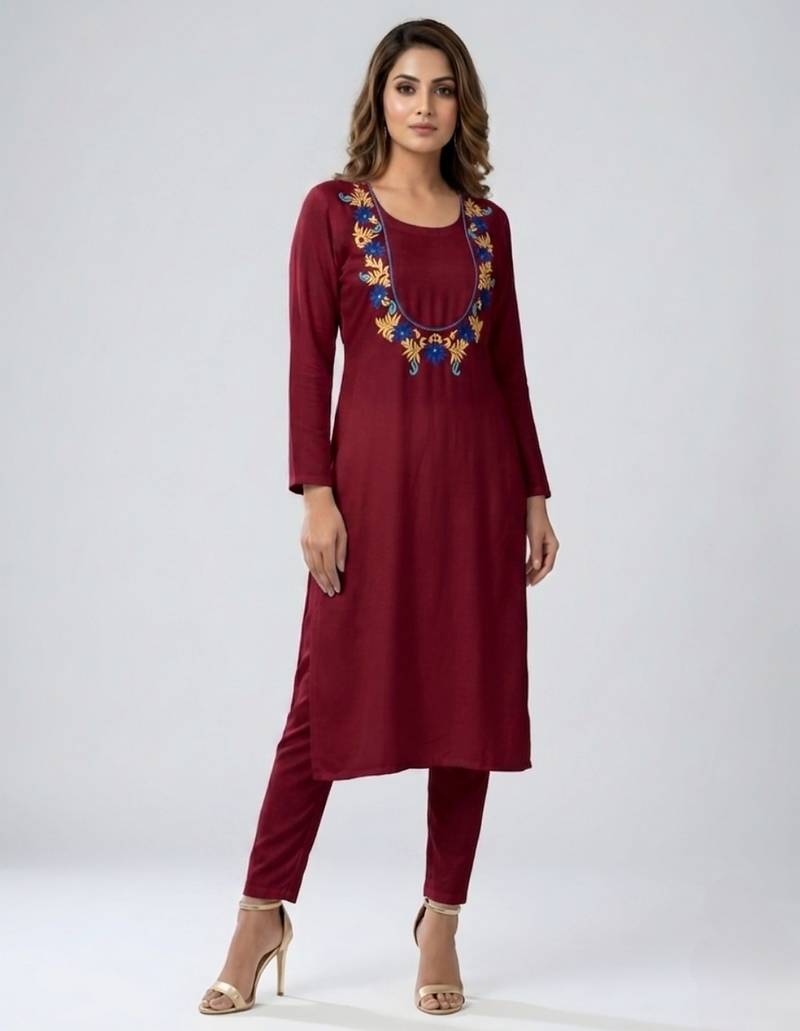 Maroon embroidered rayon kurta set
