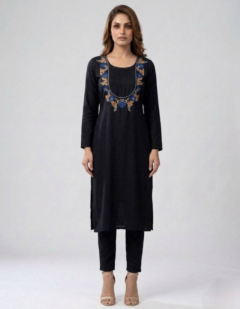 Black embroidered rayon kurta set