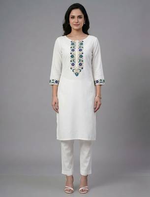 White embroidered rayon kurta set 3