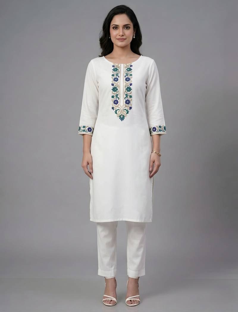 White embroidered rayon kurta set