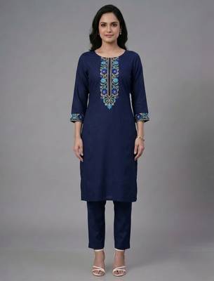 Blue embroidered rayon kurta set 3