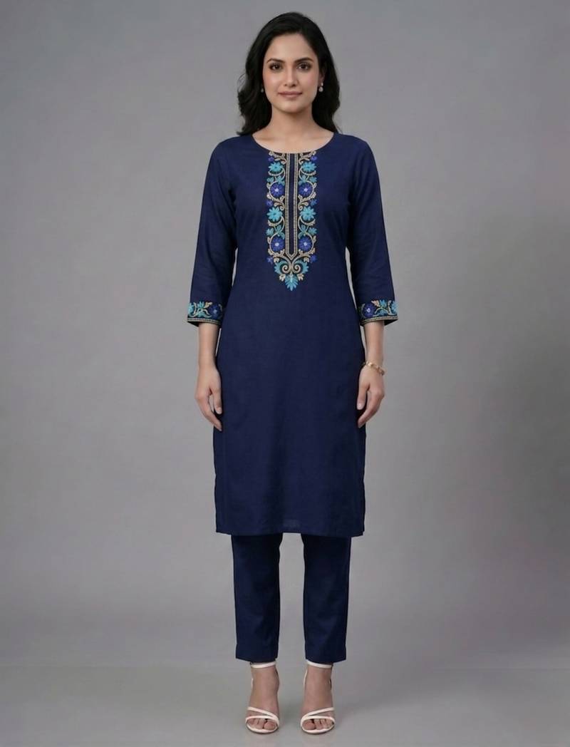 Blue embroidered rayon kurta set