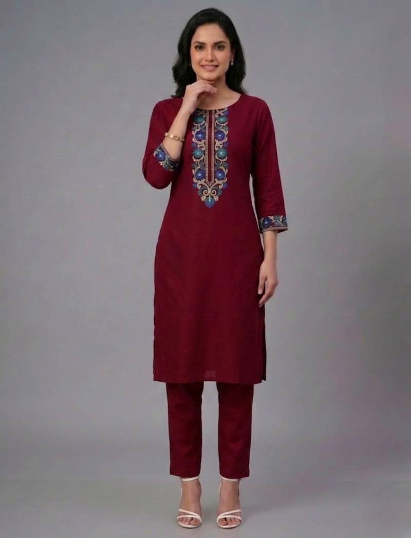 Maroon embroidery rayon kurta set