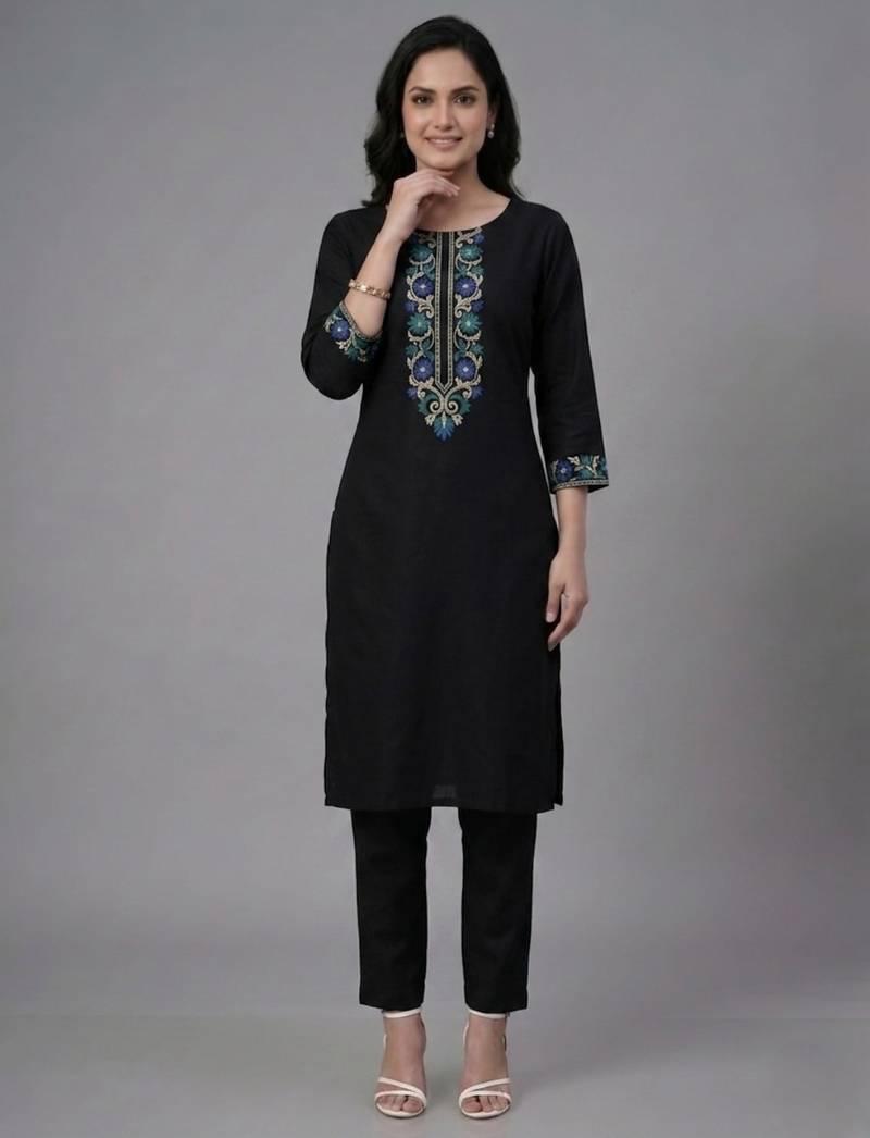 Black embroidery rayon kurta set
