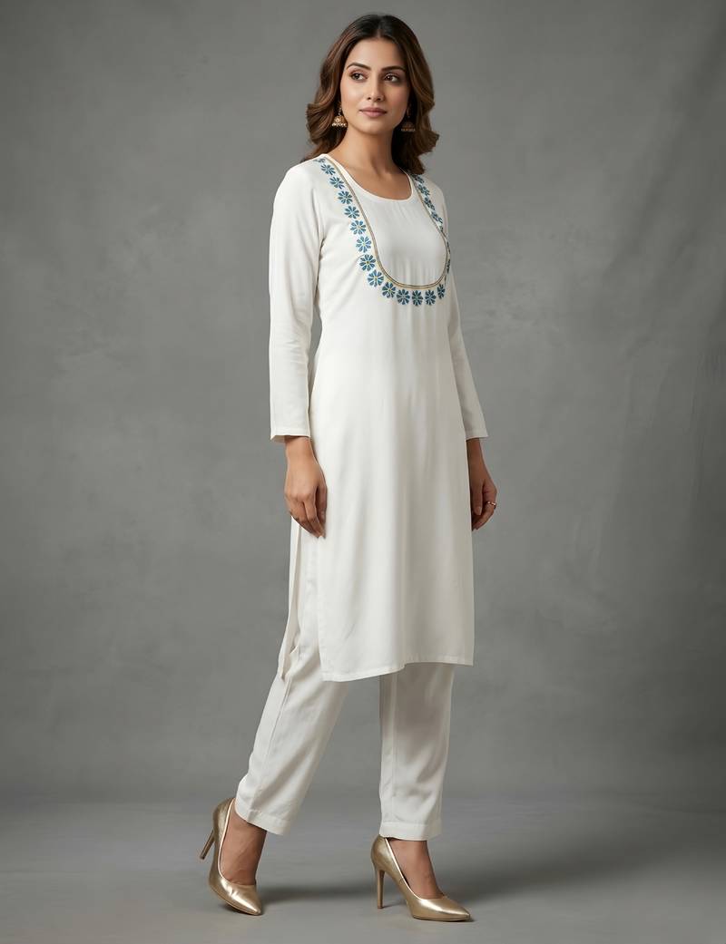 White embroidered rayon kurta set