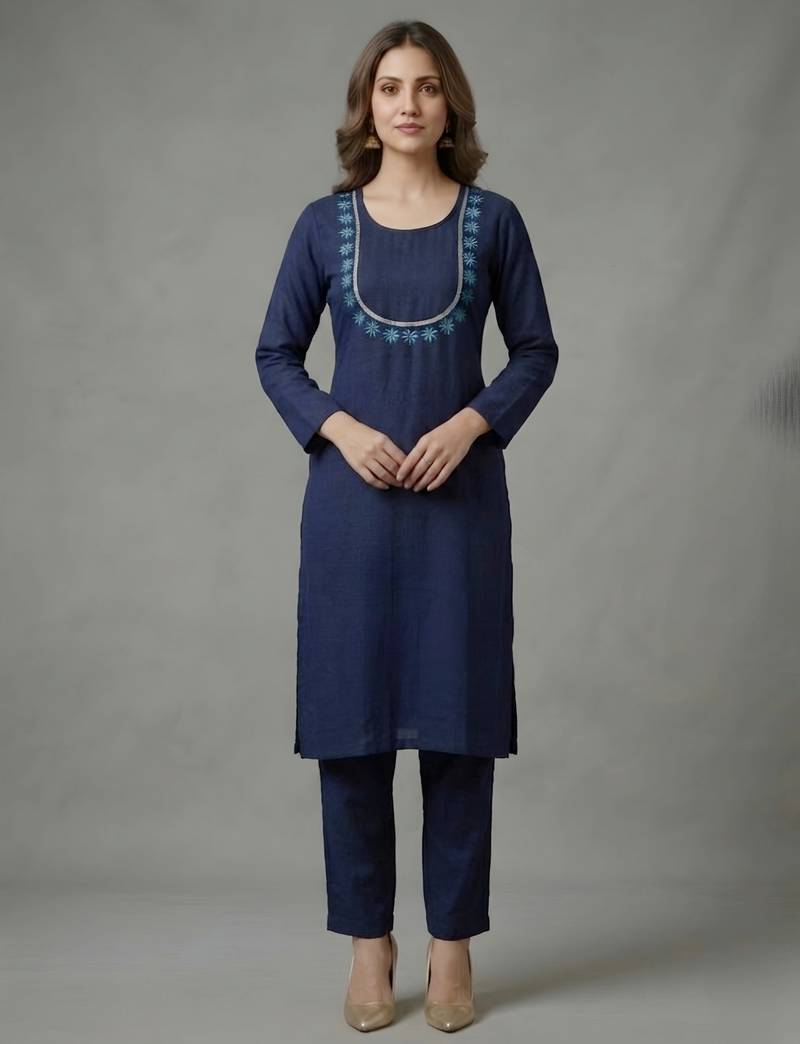Blue embroidered rayon kurta set