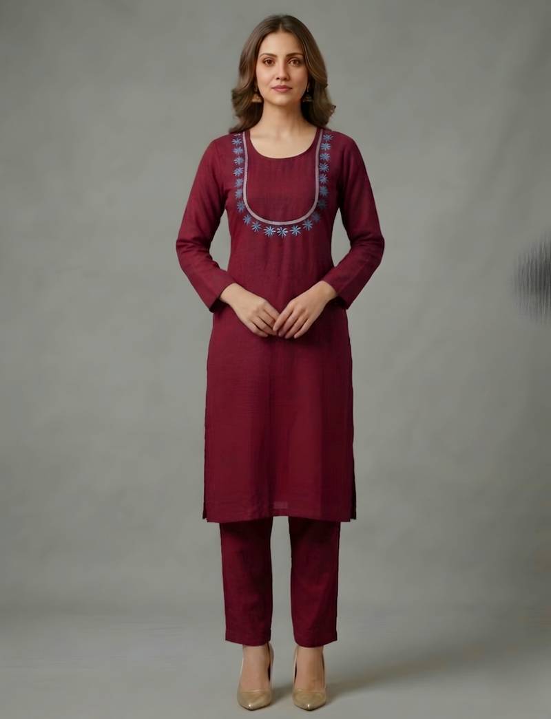 Maroon embroidered rayon kurta set