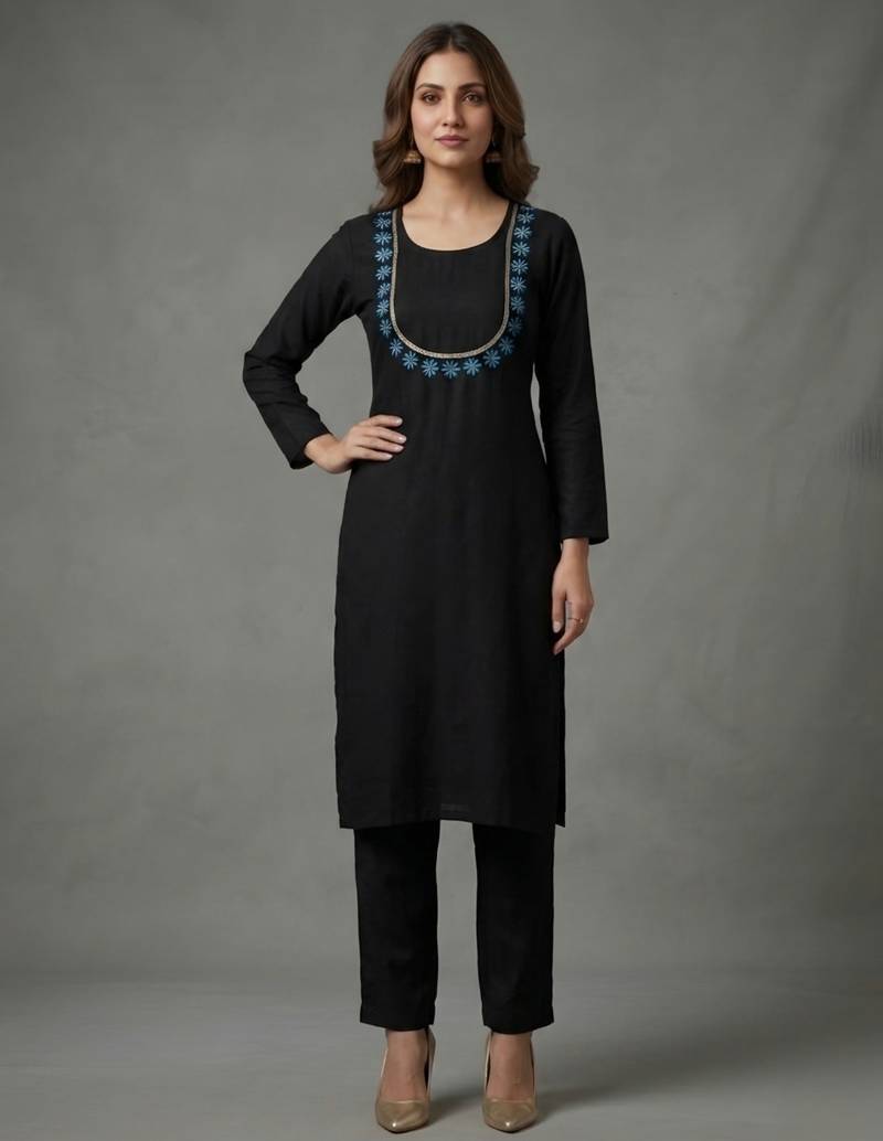 Black embroidered rayon kurta set