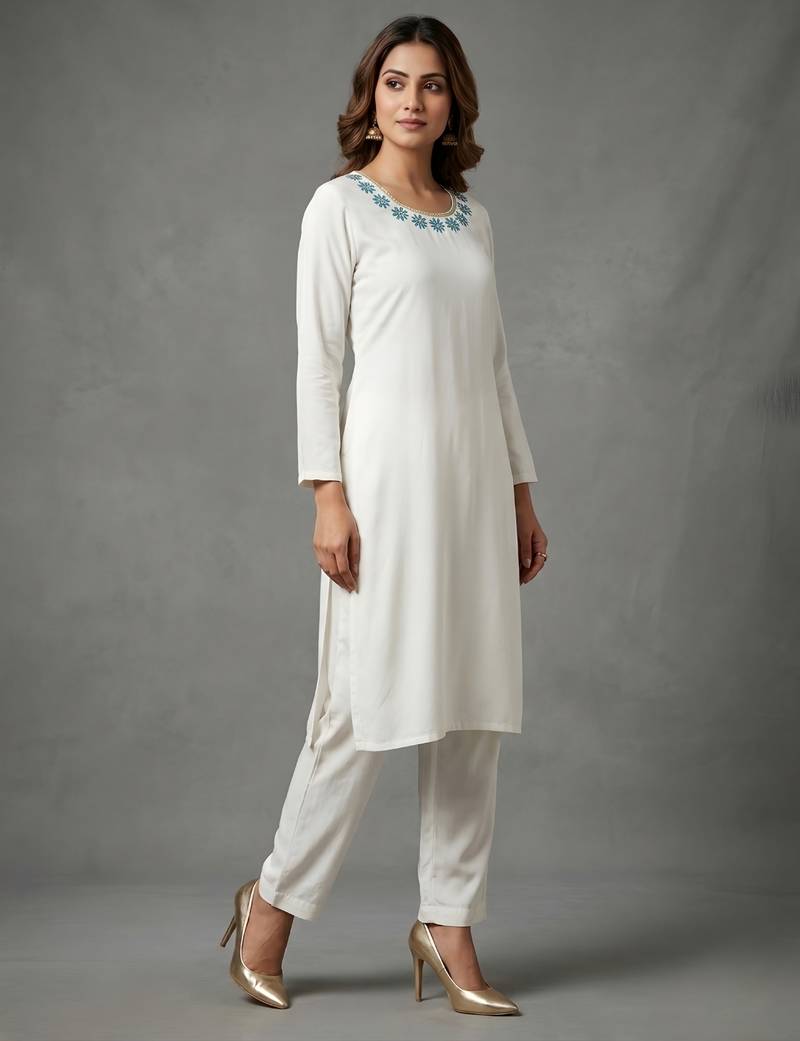 White embroidered rayon kurta set