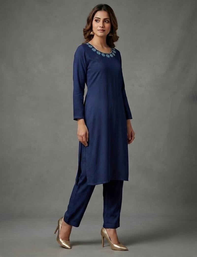 Blue embroidered rayon kurta set