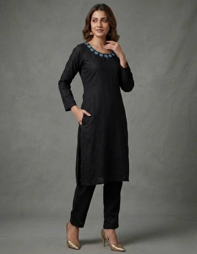 Black embroidered rayon kurta set