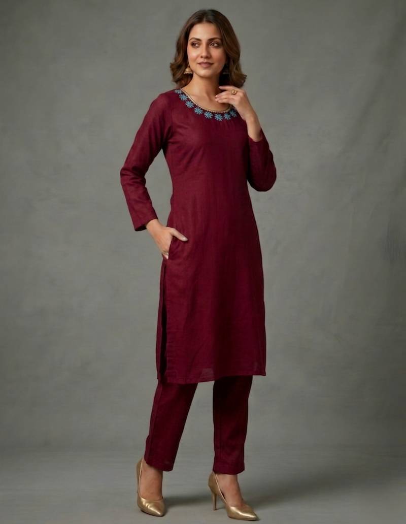 Maroon embroidered rayon kurta set