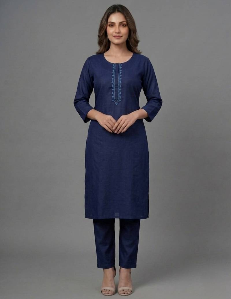 Blue embroidered rayon kurta set