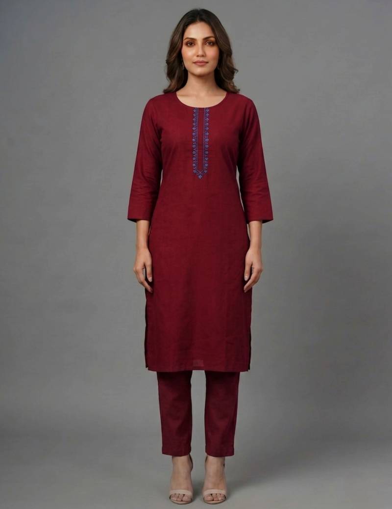 Maroon embroidered rayon kurta set
