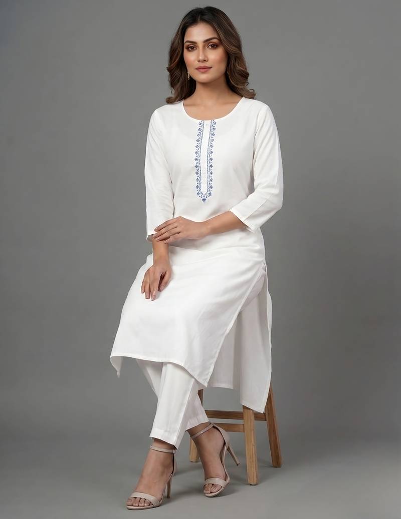 White embroidered rayon kurta set