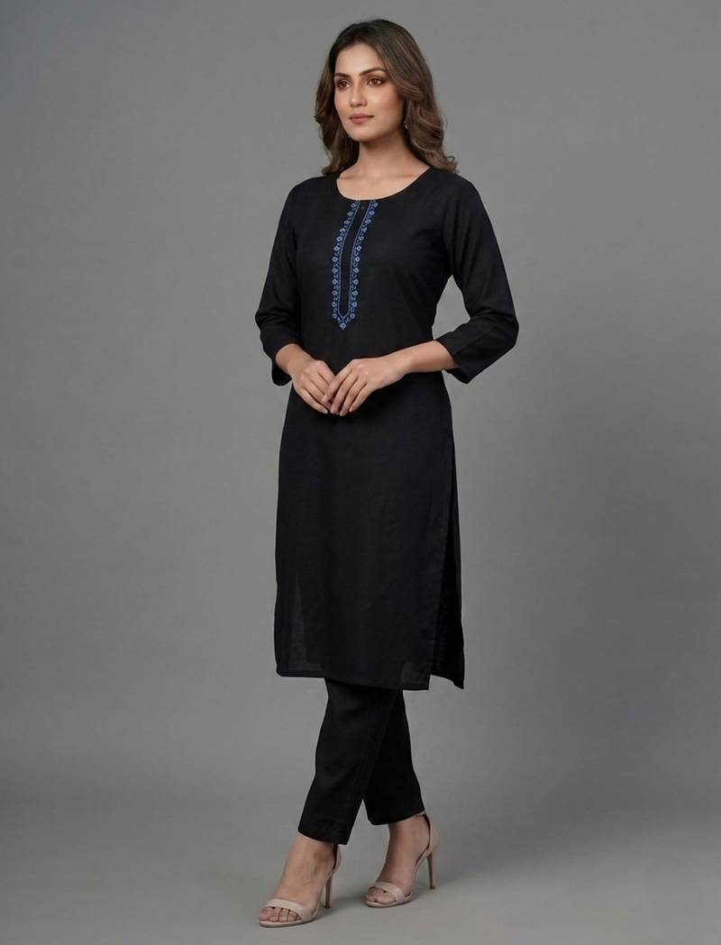 Black embroidered rayon kurta set